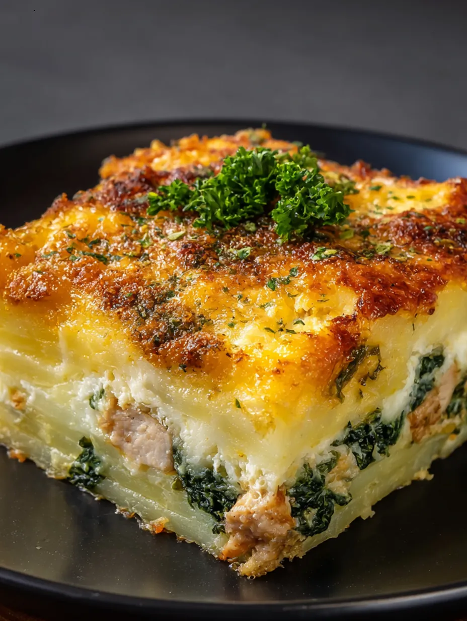 A close up of a stuffed potato, beef and spinach bake with cheesy topping.