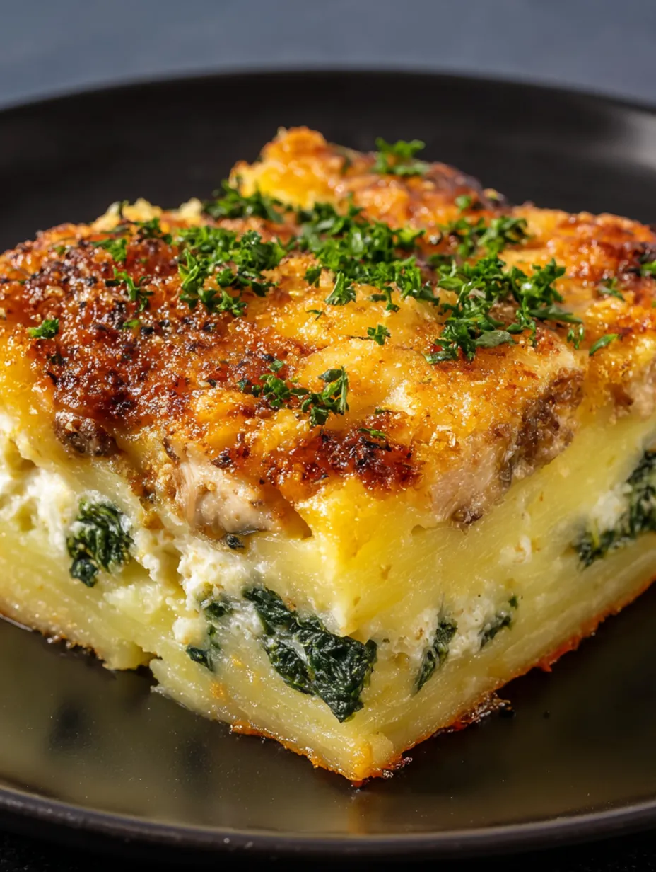 A close up of a stuffed potato, beef and spinach bake with cheesy topping.
