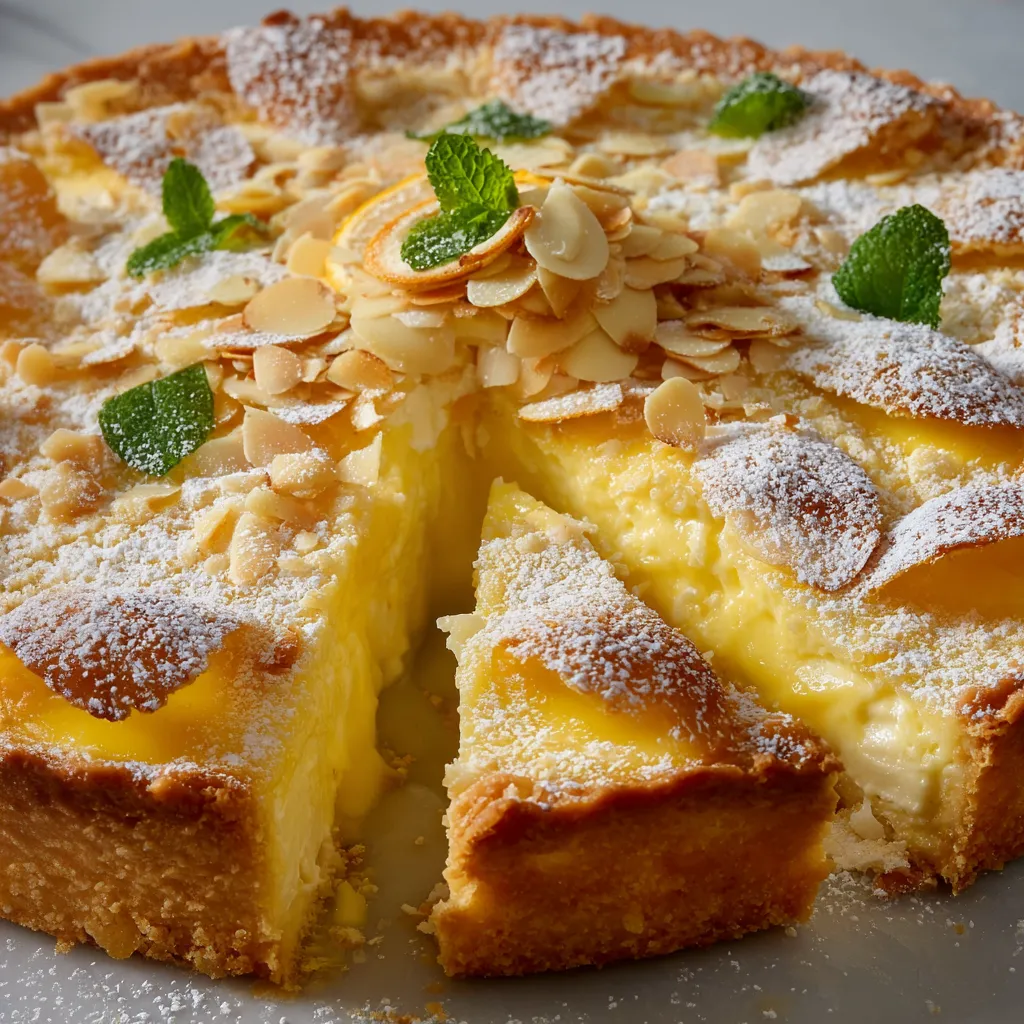 A slice of lemon cream tart with almond flakes and a buttery crust.