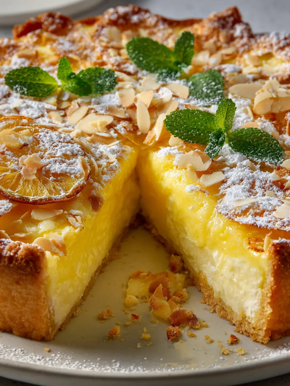 A slice of lemon cream tart with almond flakes and a buttery crust.