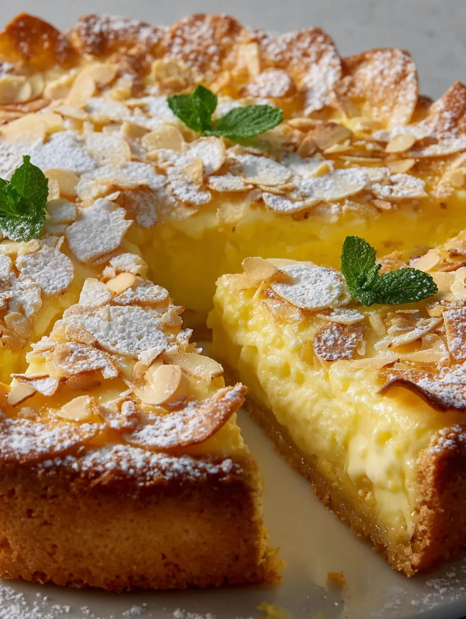 A slice of lemon cream tart with almond flakes and a buttery crust.