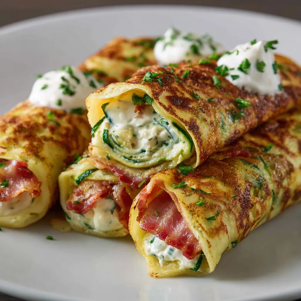 Zucchini and egg rolls with bacon and cream cheese.