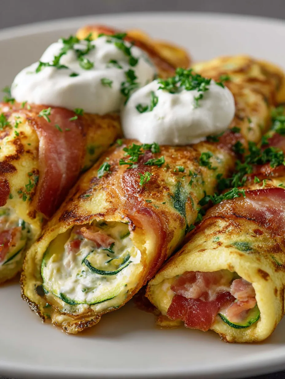Zucchini and egg rolls with bacon and cream cheese.