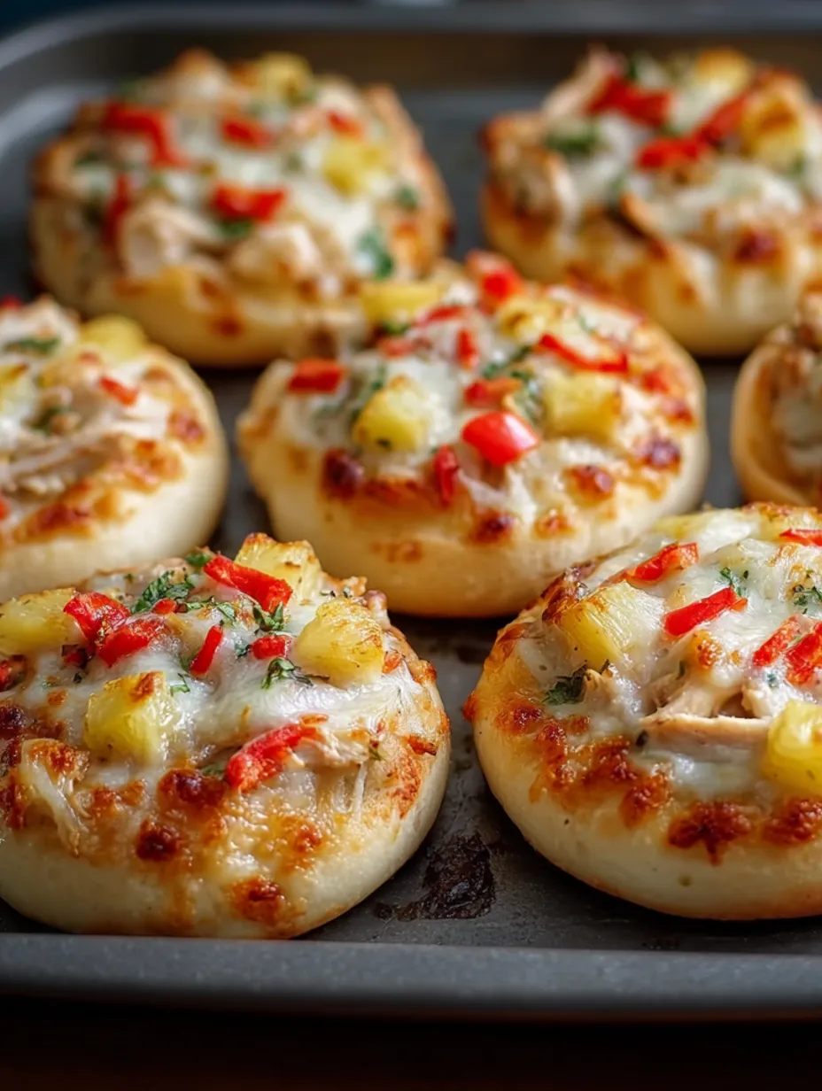 Mini chicken and potato pizzas on a tray.