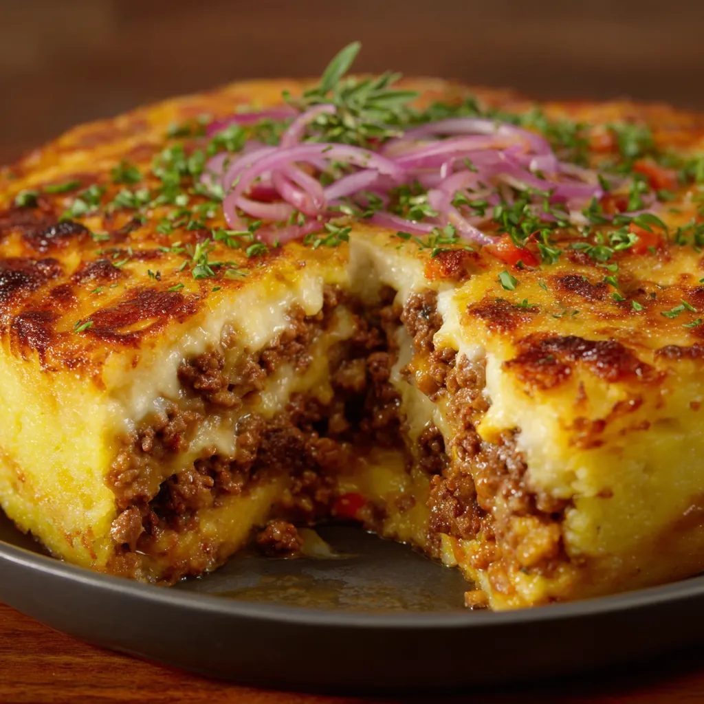 A hearty minced meat and potato casserole with quick pickled onion.