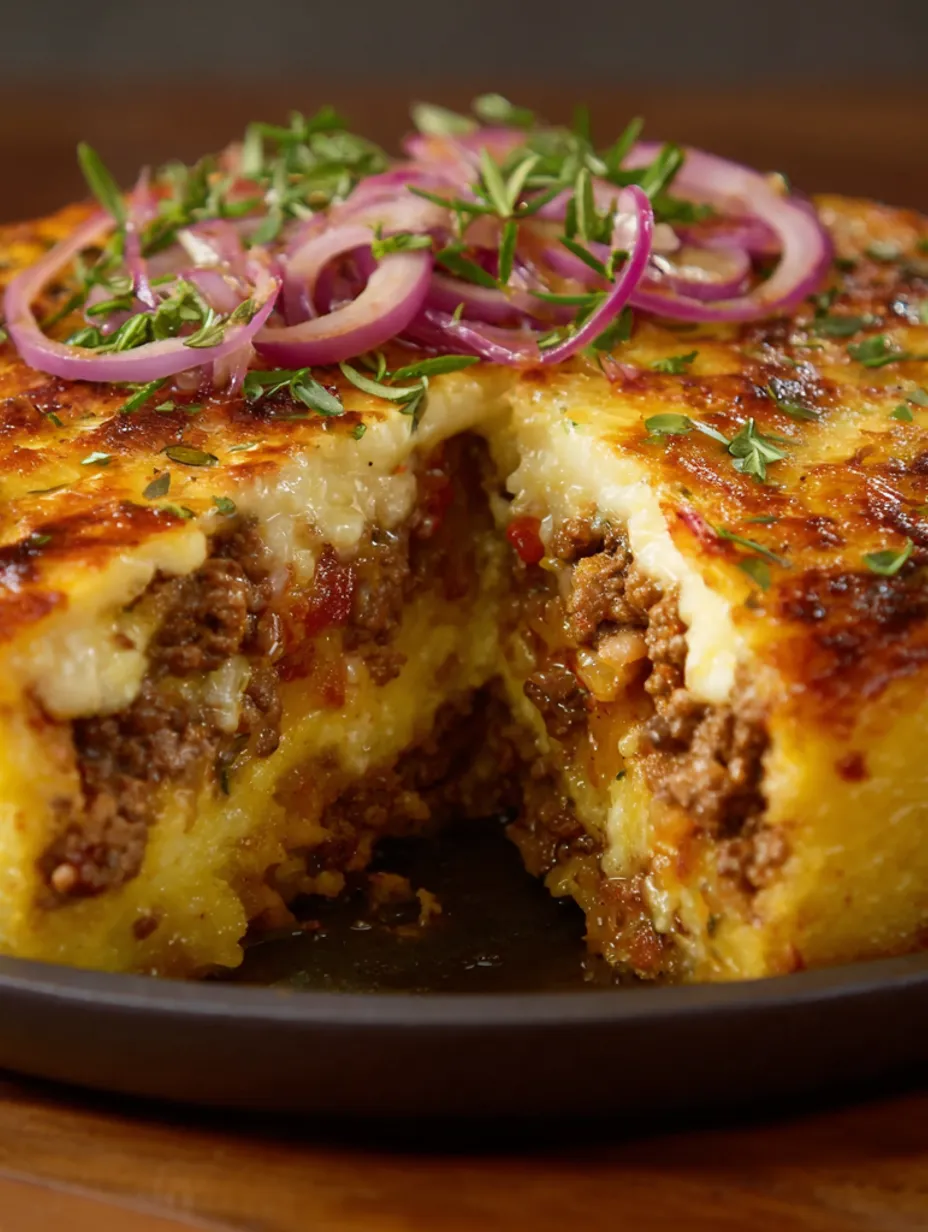 A slice of a hearty minced meat and potato casserole with quick pickled onion.