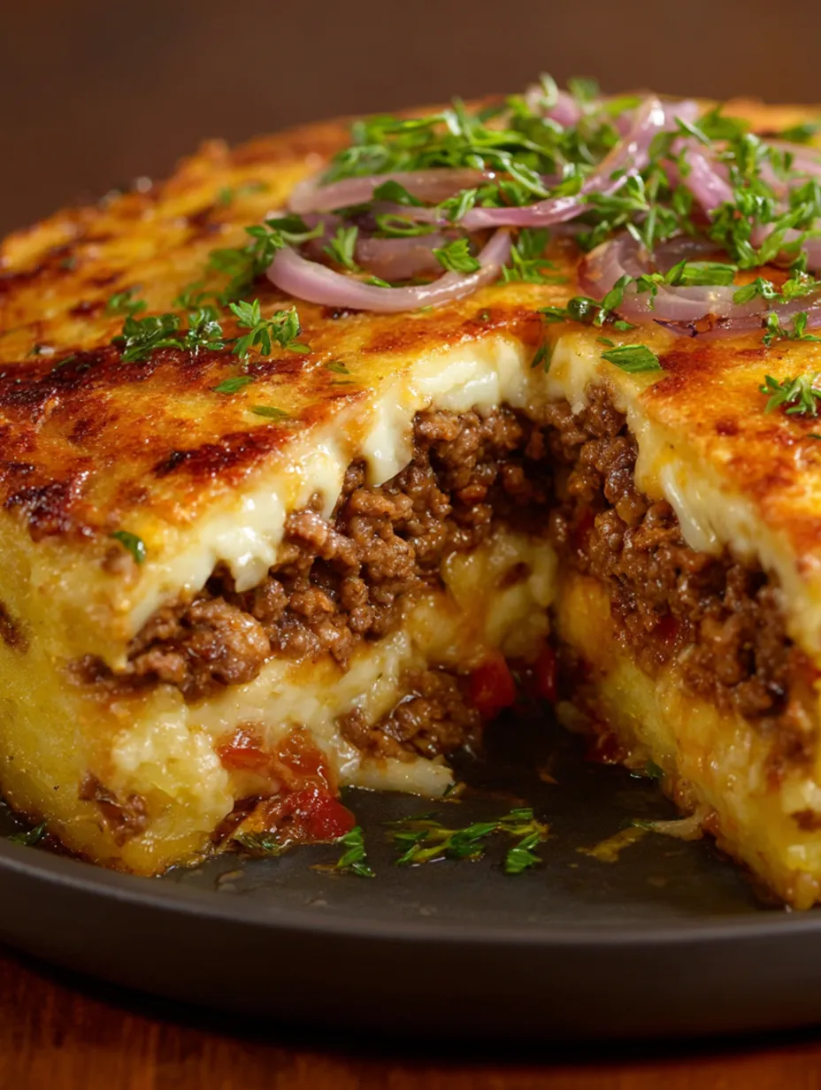A slice of a hearty minced meat and potato casserole with quick pickled onion.