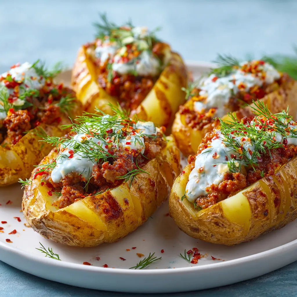 Baked potatoes with meat and yogurt.