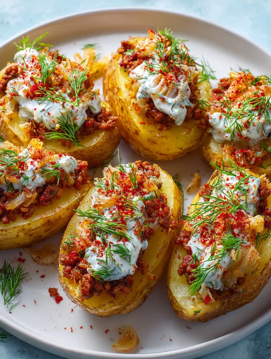 Baked potato boats with minced meat and Greek yogurt dill sauce.
