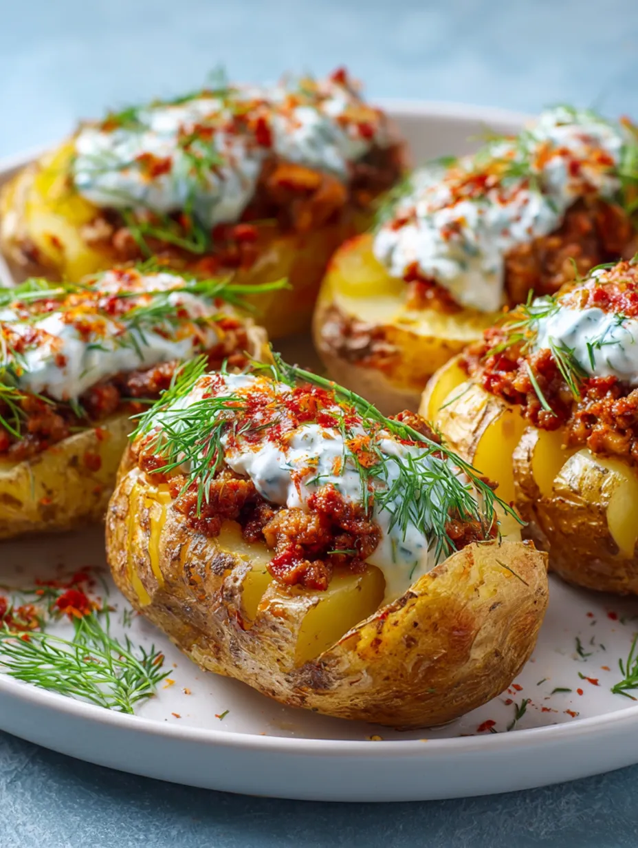 Baked potatoes with meat and yogurt.