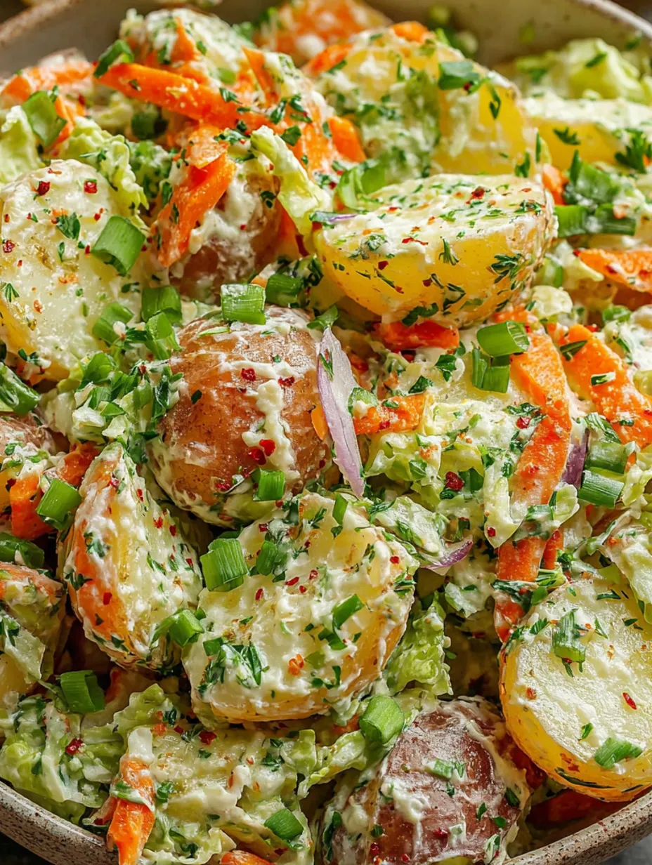 A close up of a salad with potatoes and carrots.