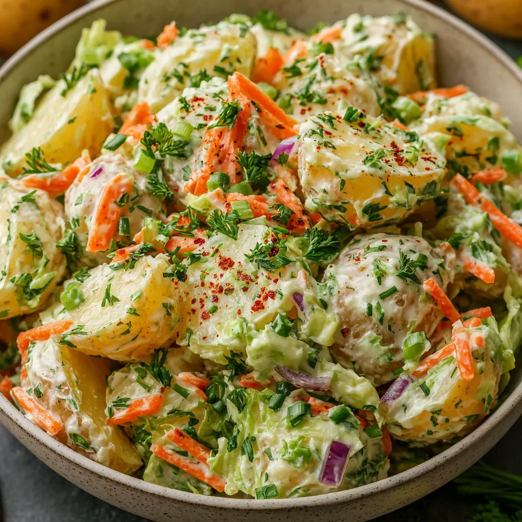 A bowl of potato salad with carrots and parsley.