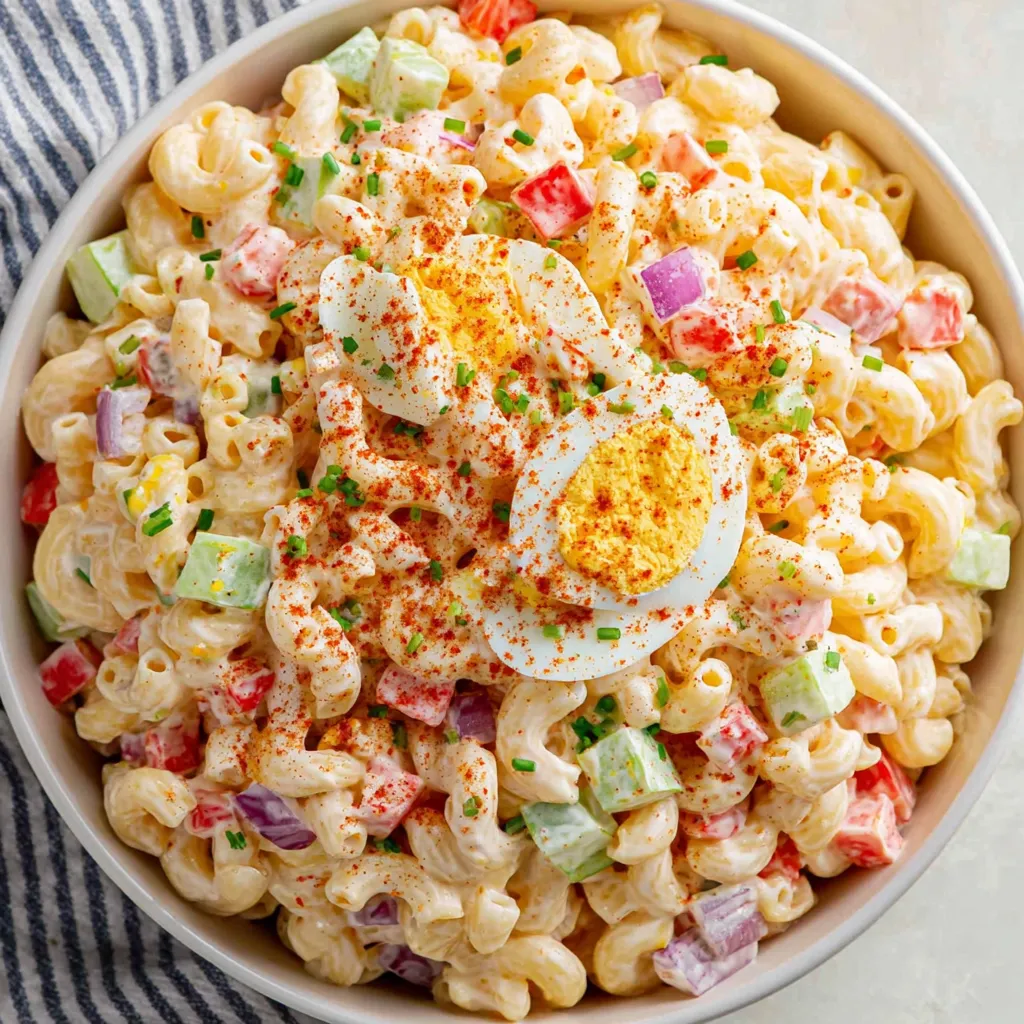 A bowl of macaroni salad with a fried egg on top.