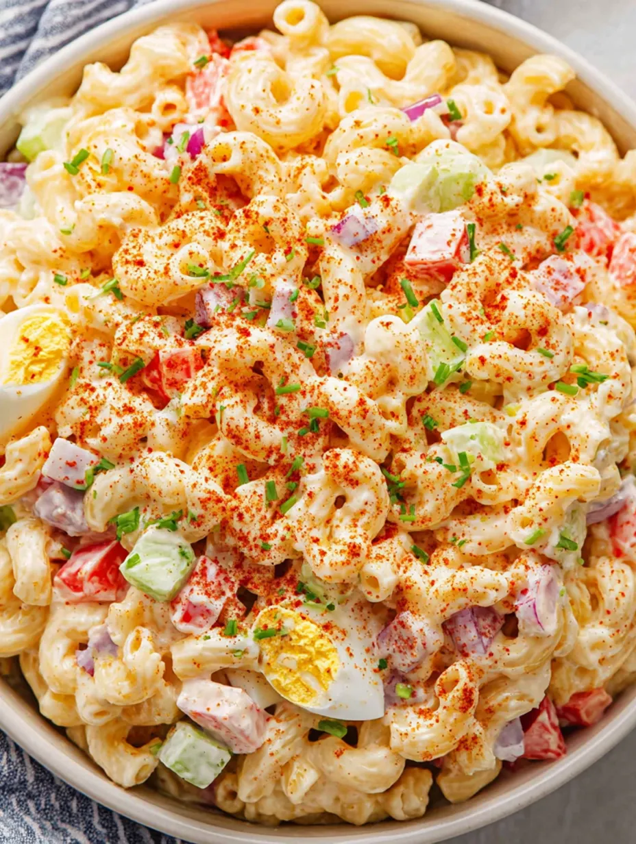 A bowl of macaroni salad with red peppers.