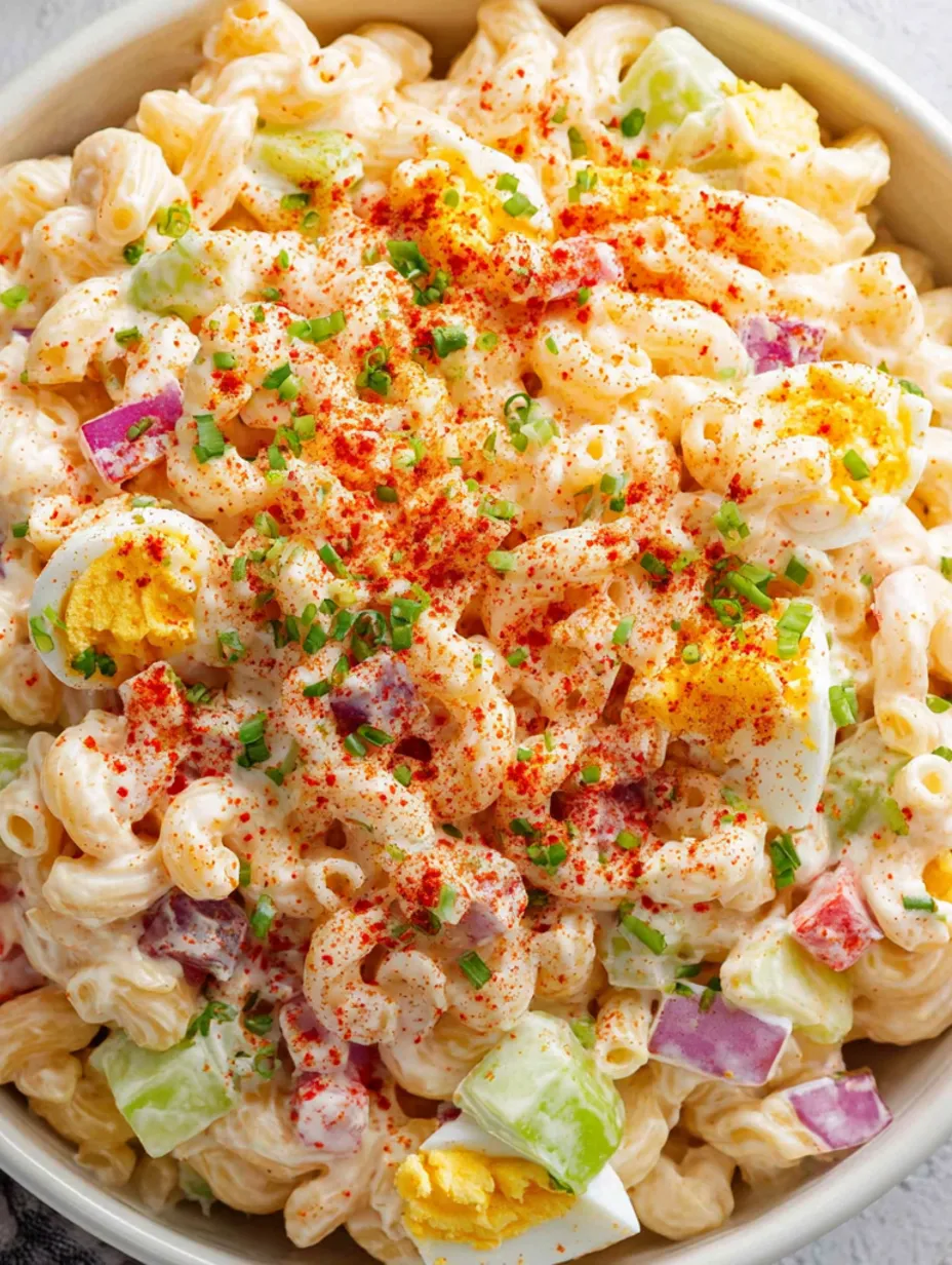 A bowl of macaroni salad with red peppers and green onions.