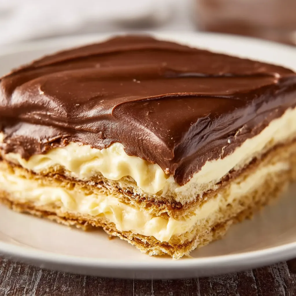 A slice of chocolate eclair cake.