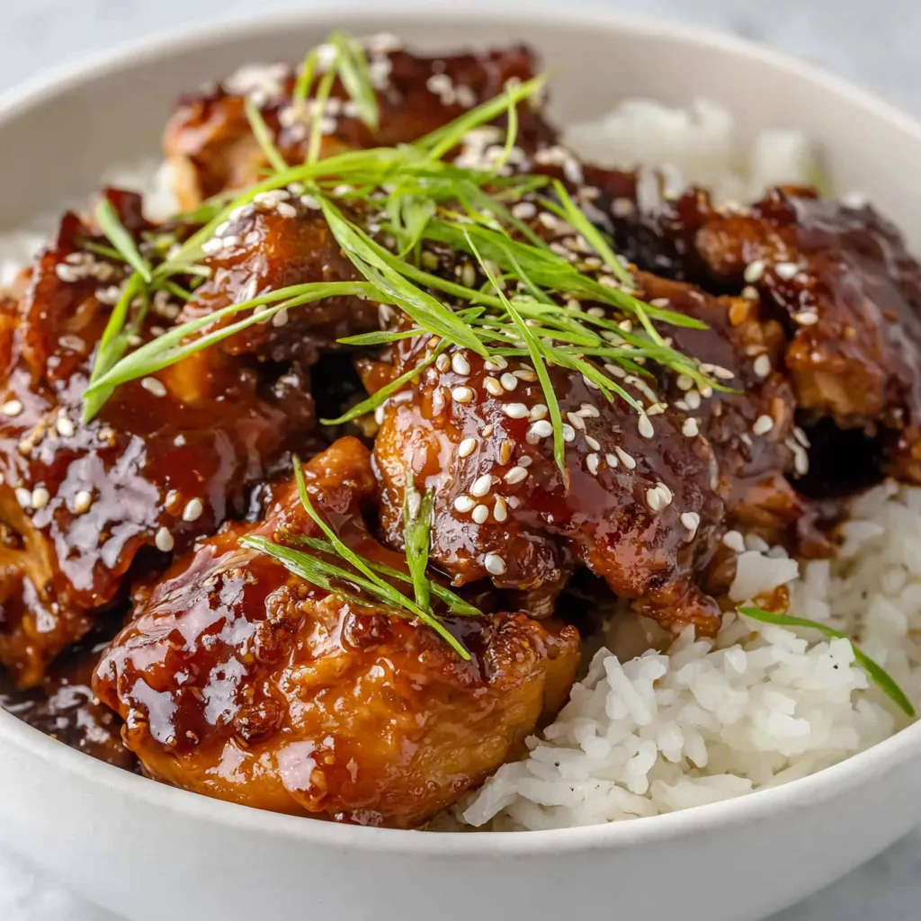 A bowl of chicken with sesame seeds on top.