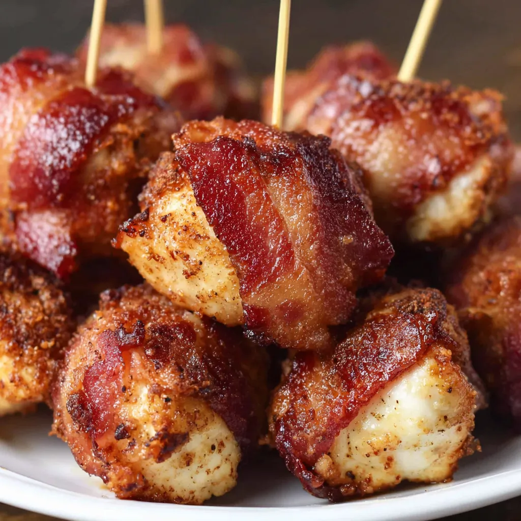 Bacon wrapped chicken bites on a plate.