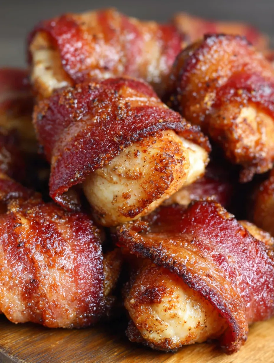 Bacon wrapped chicken bites on a plate.