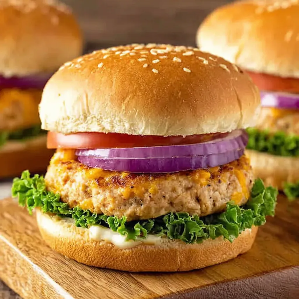 Two ground chicken burgers on a wooden cutting board.