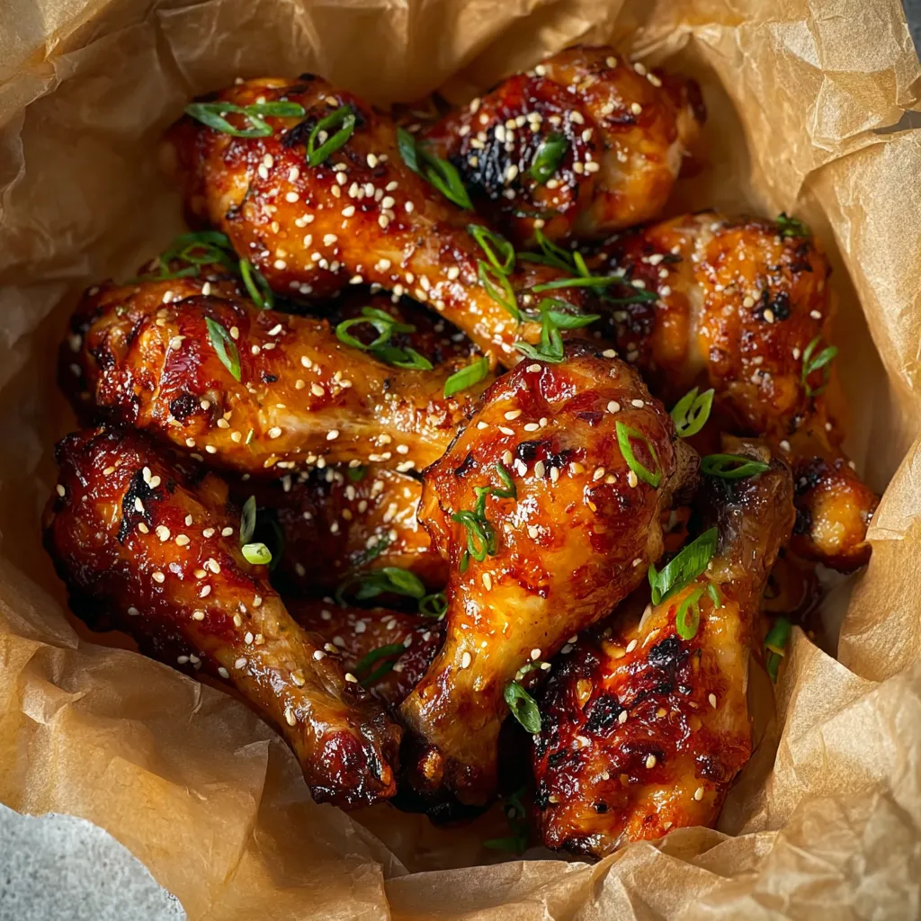 A plate of baked chicken drumsticks with a honey and soy sauce glaze.