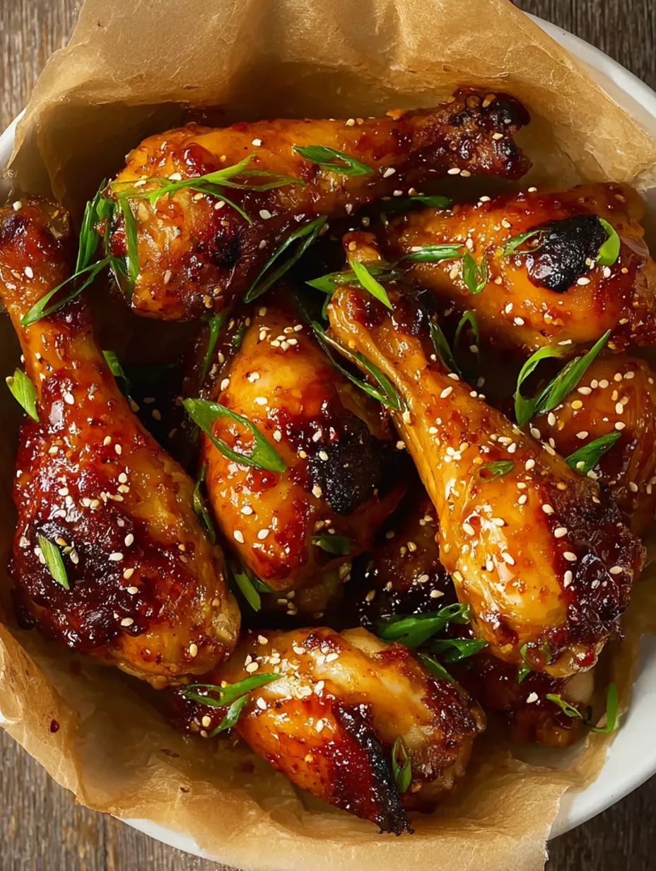 A plate of baked chicken drumsticks with honey and soy sauce.