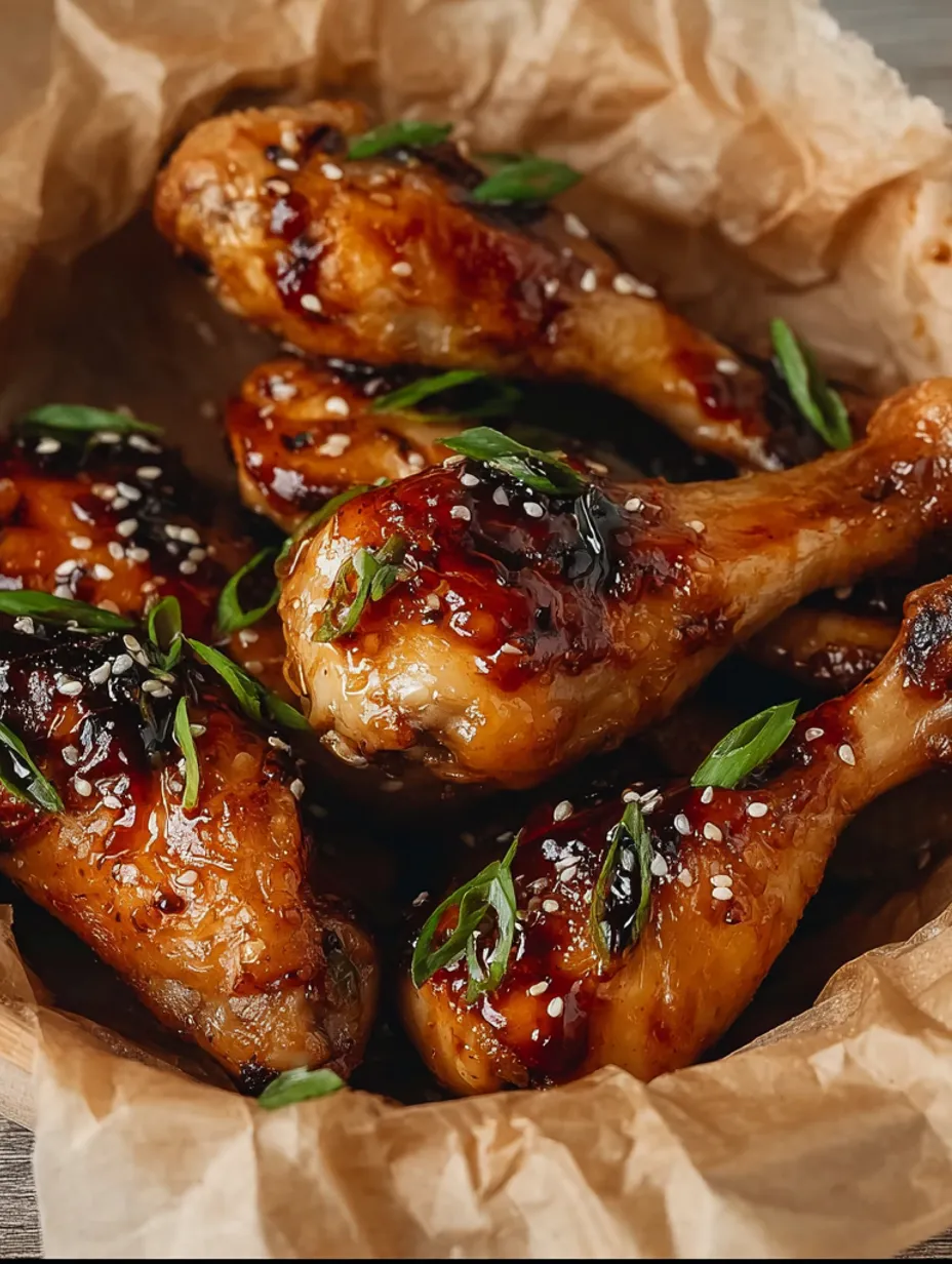 A bowl of baked chicken drumsticks with honey and soy sauce.