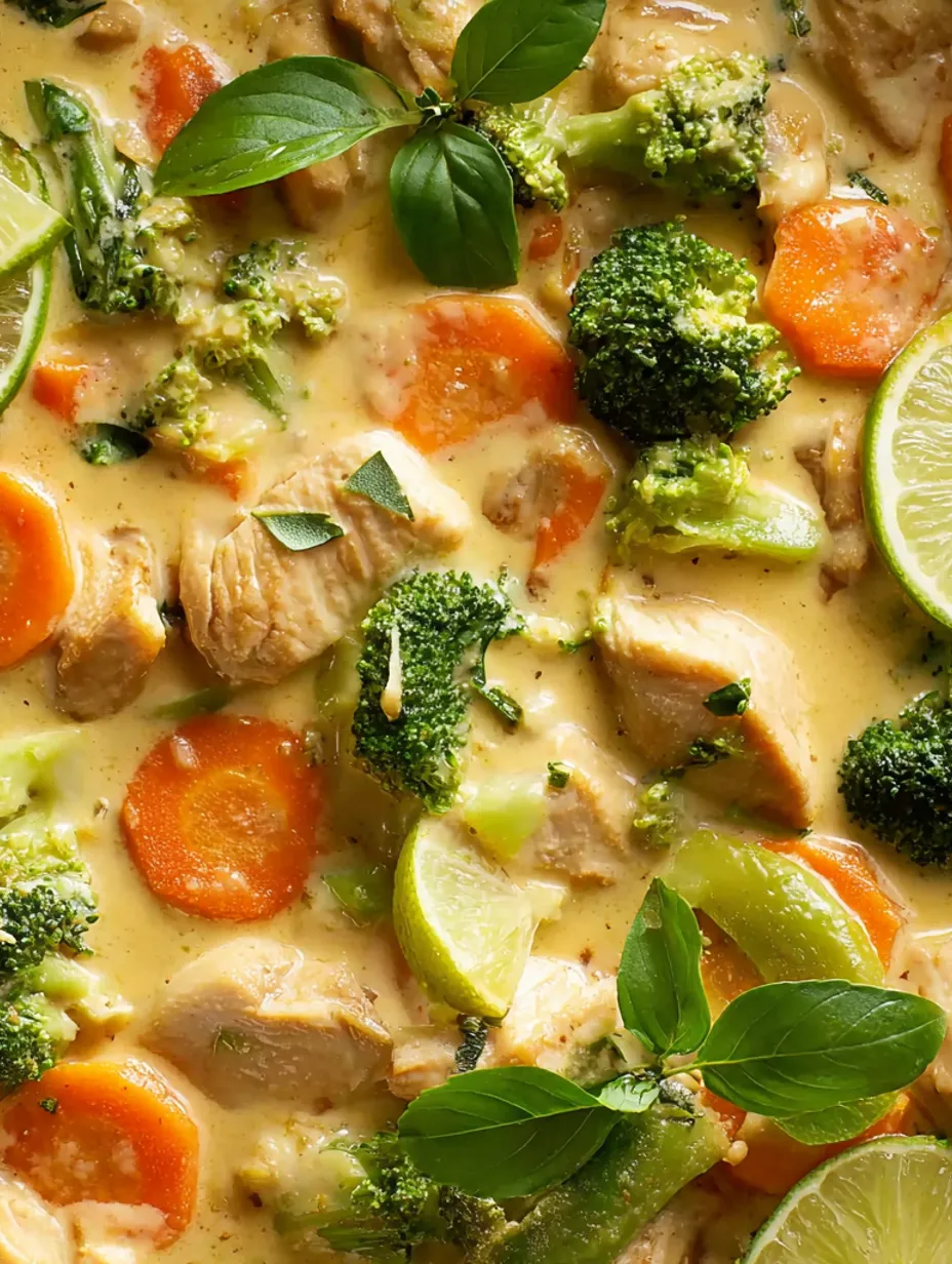 A dish of Thai Coconut Chicken with broccoli and carrots.