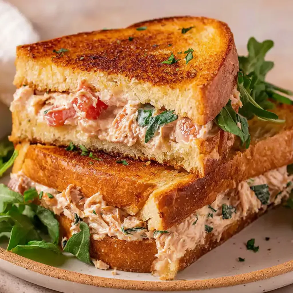A tuna melt sandwich on a plate.