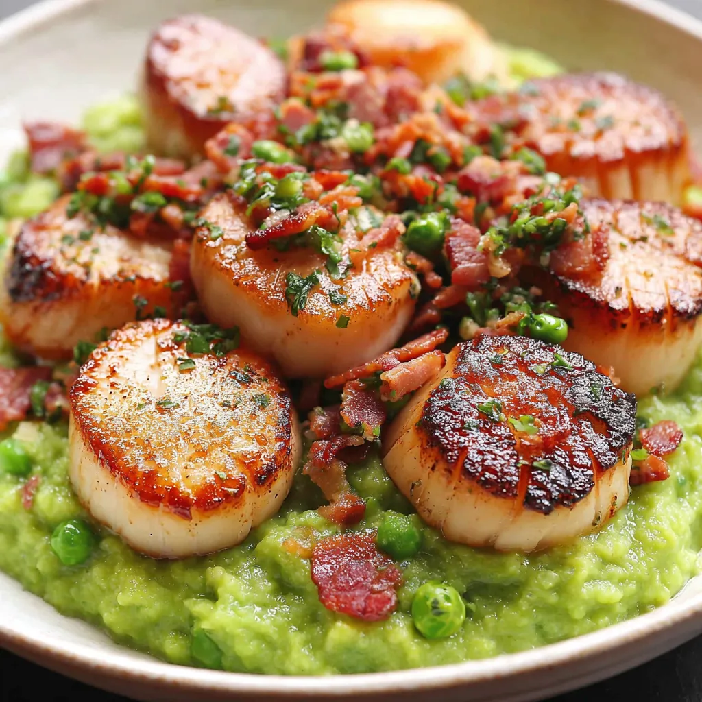 A plate of food with scallops and bacon.