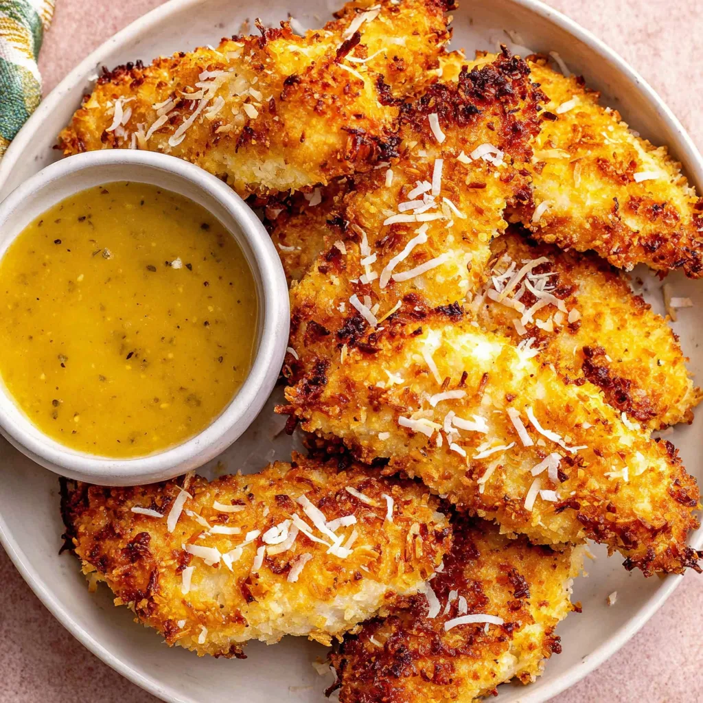 A plate of baked coconut chicken tenders.