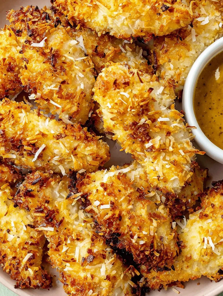 Baked coconut chicken tenders with a dipping sauce.