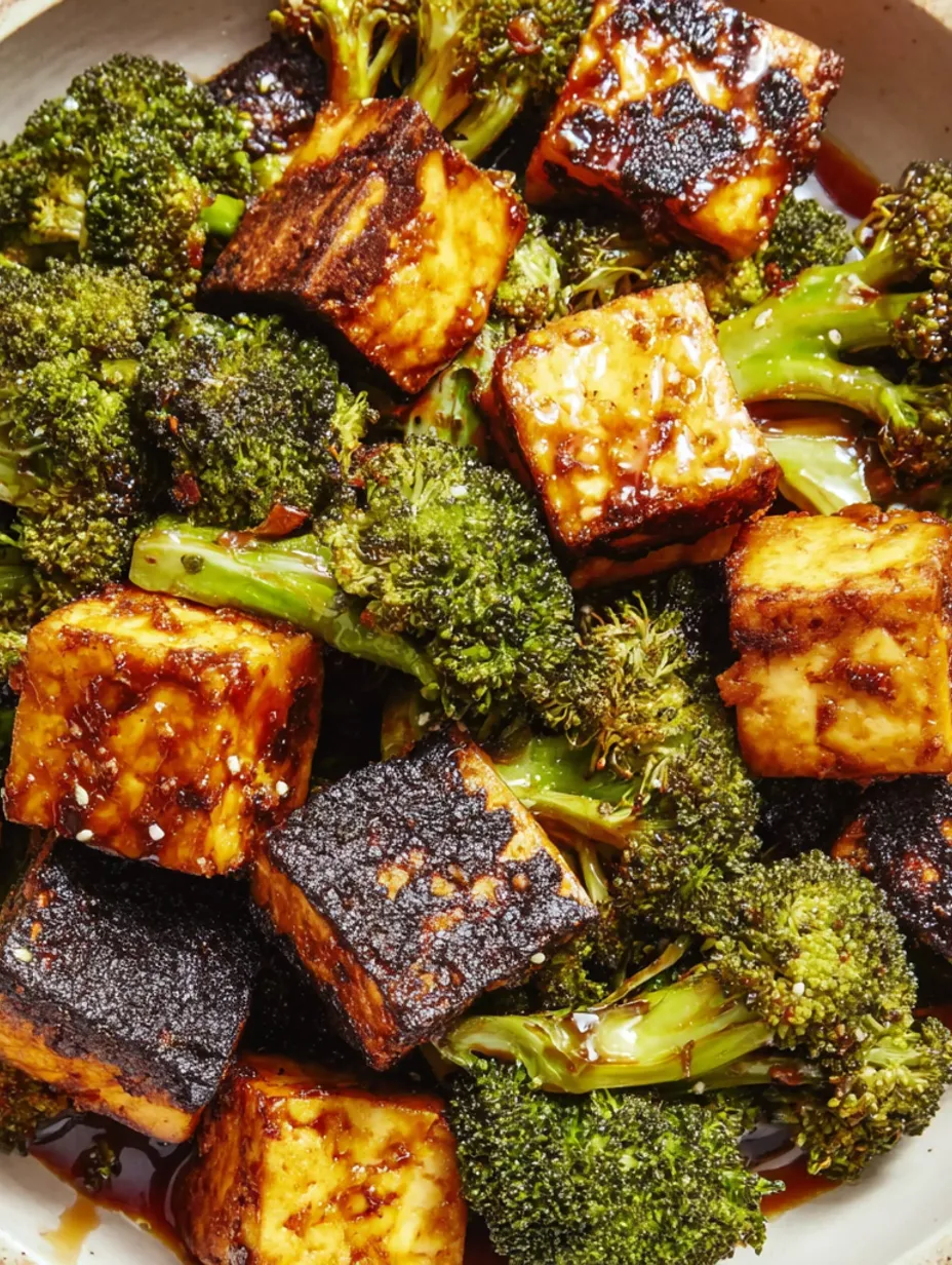 A dish of tofu and broccoli with a brown sauce.