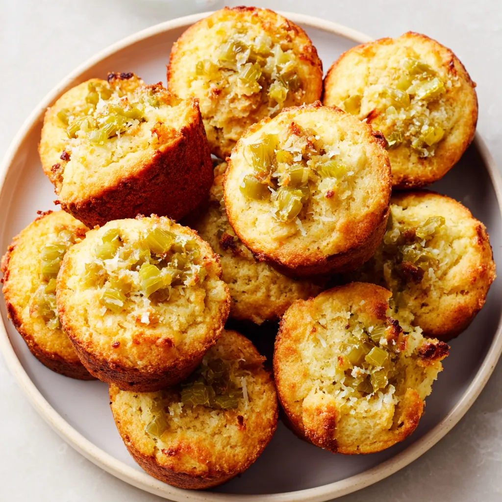 A plate of cornbread muffins with dill pickle relish on top.