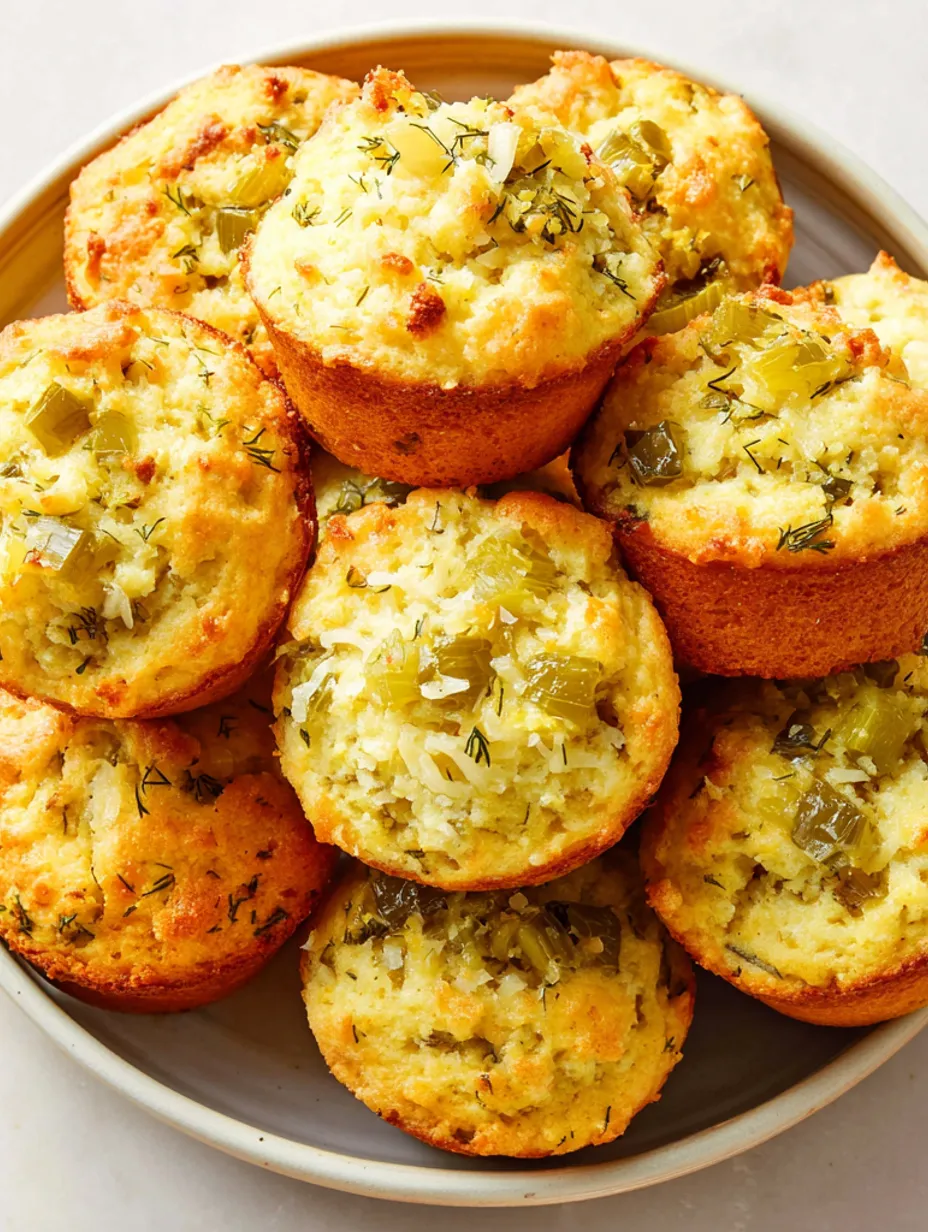 A plate of cornbread muffins with dill pickle relish on top.