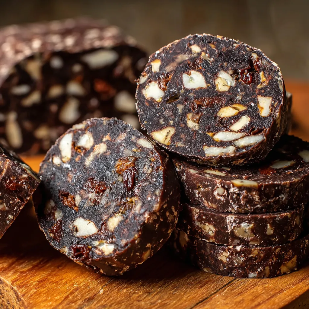 A chocolate block with dried fruit on top.