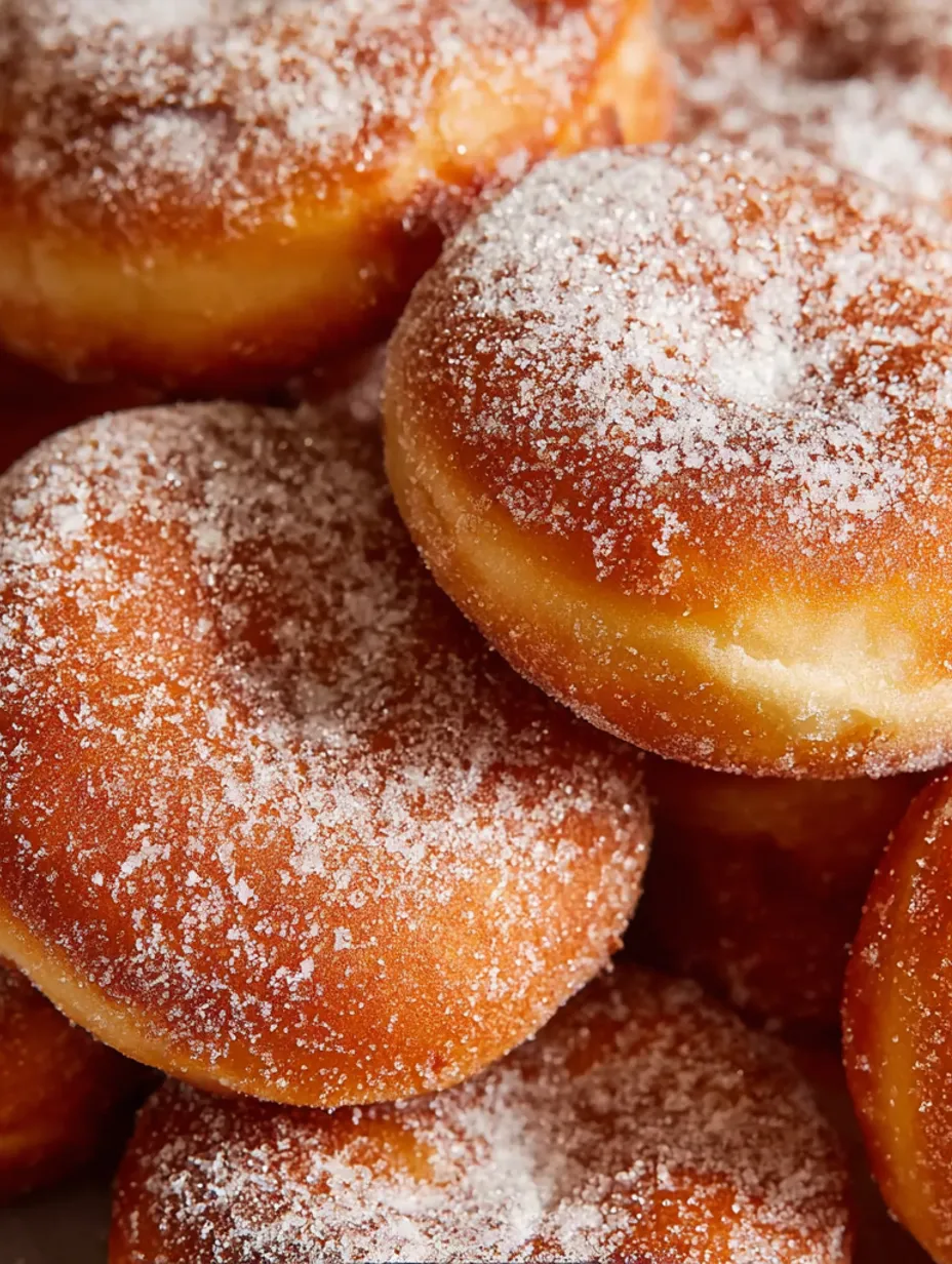 A pile of powdered sugar doughnuts.
