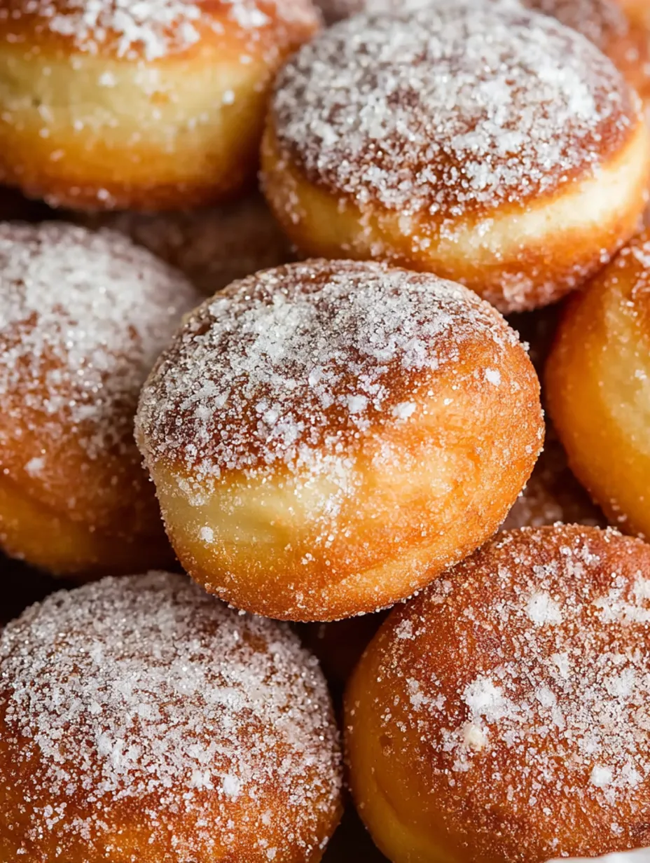A pile of powdered sugar covered doughnuts.