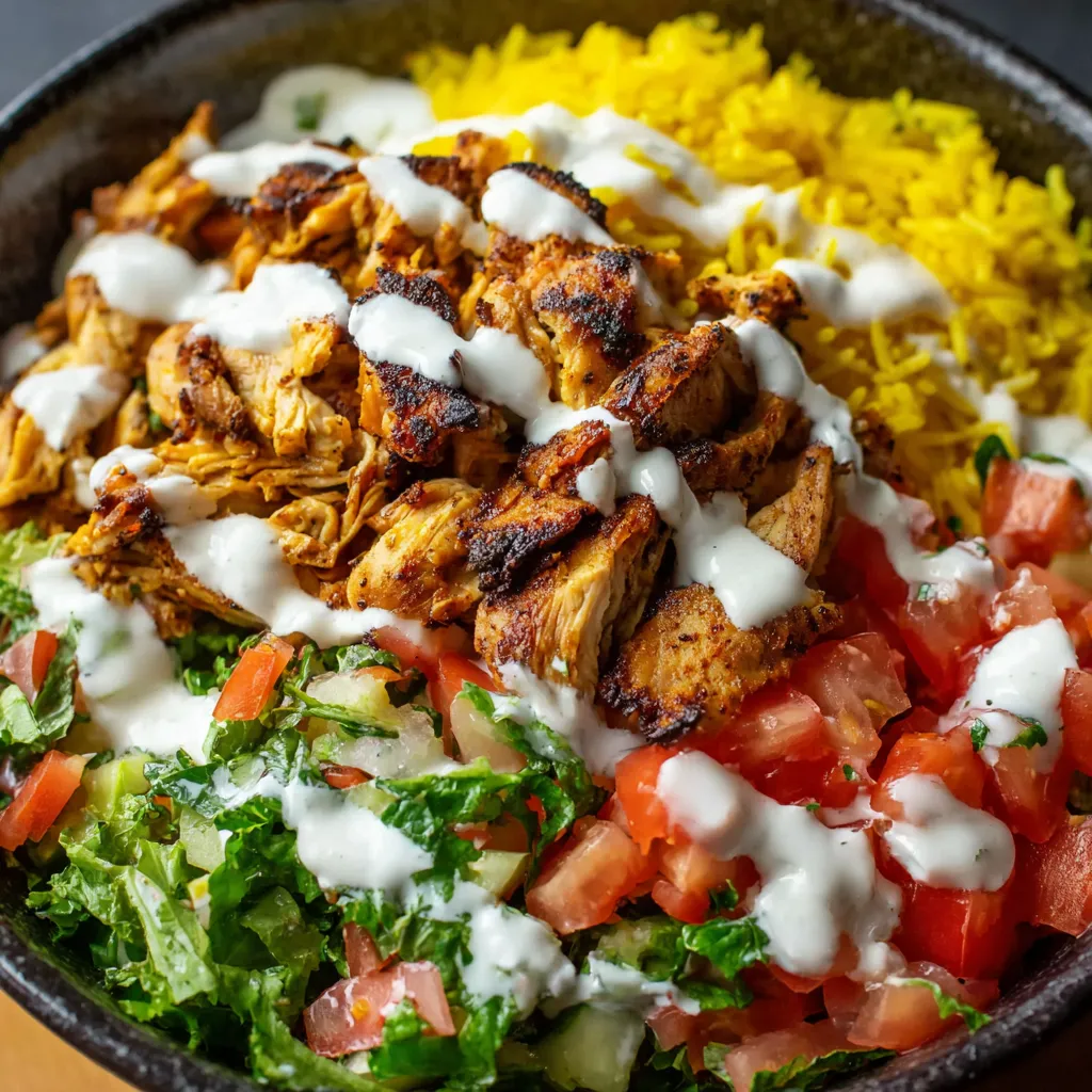 A bowl of chicken over rice.