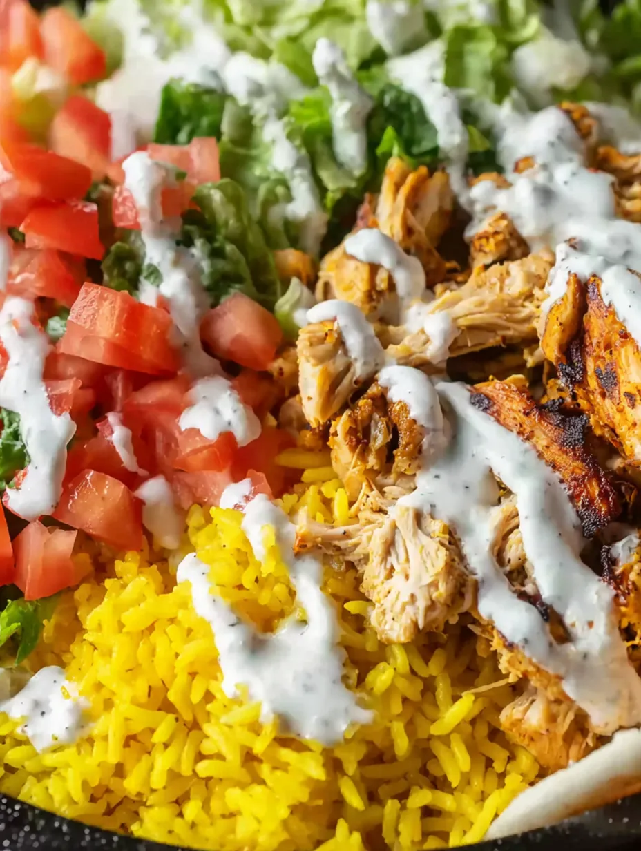 A plate of chicken over rice with white sauce.