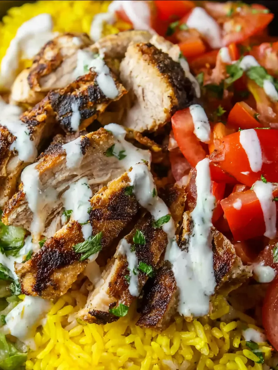 A plate of chicken over rice.