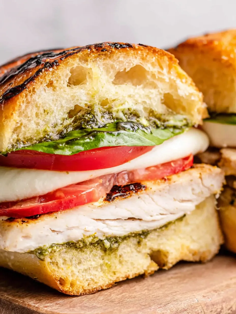 A grilled chicken caprese sandwich with tomatoes and basil.