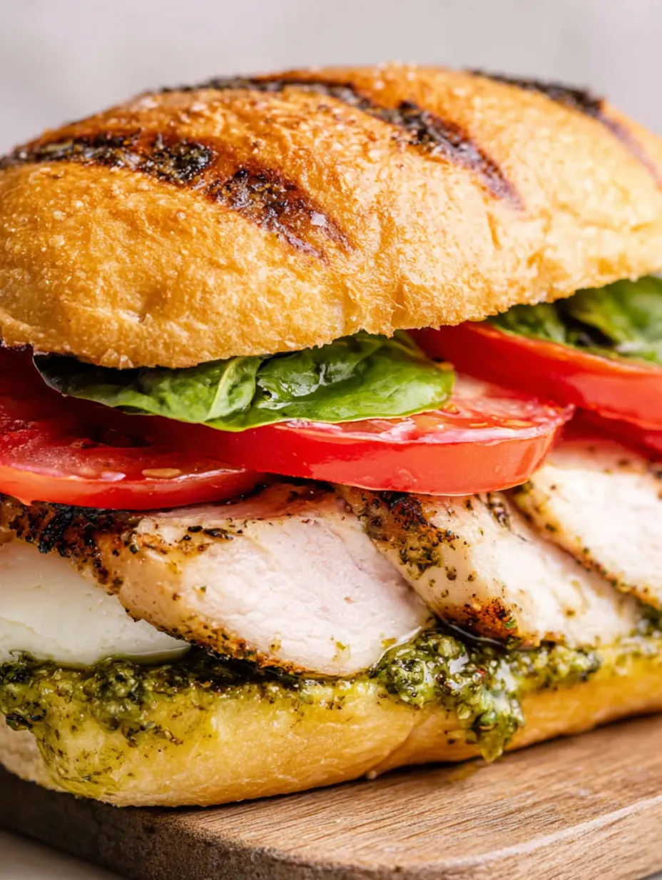 A grilled chicken caprese sandwich with tomatoes and basil.