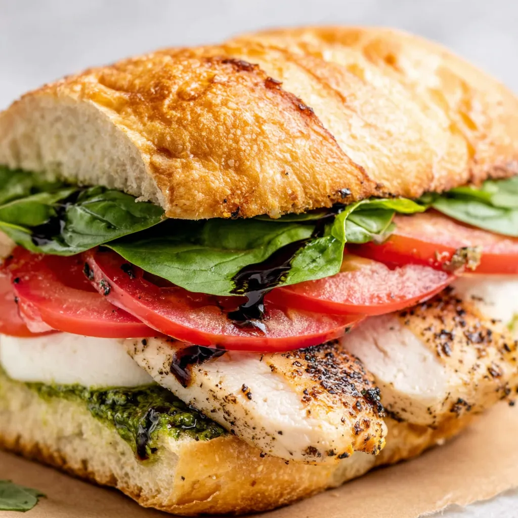 A grilled chicken caprese sandwich with tomatoes and basil.