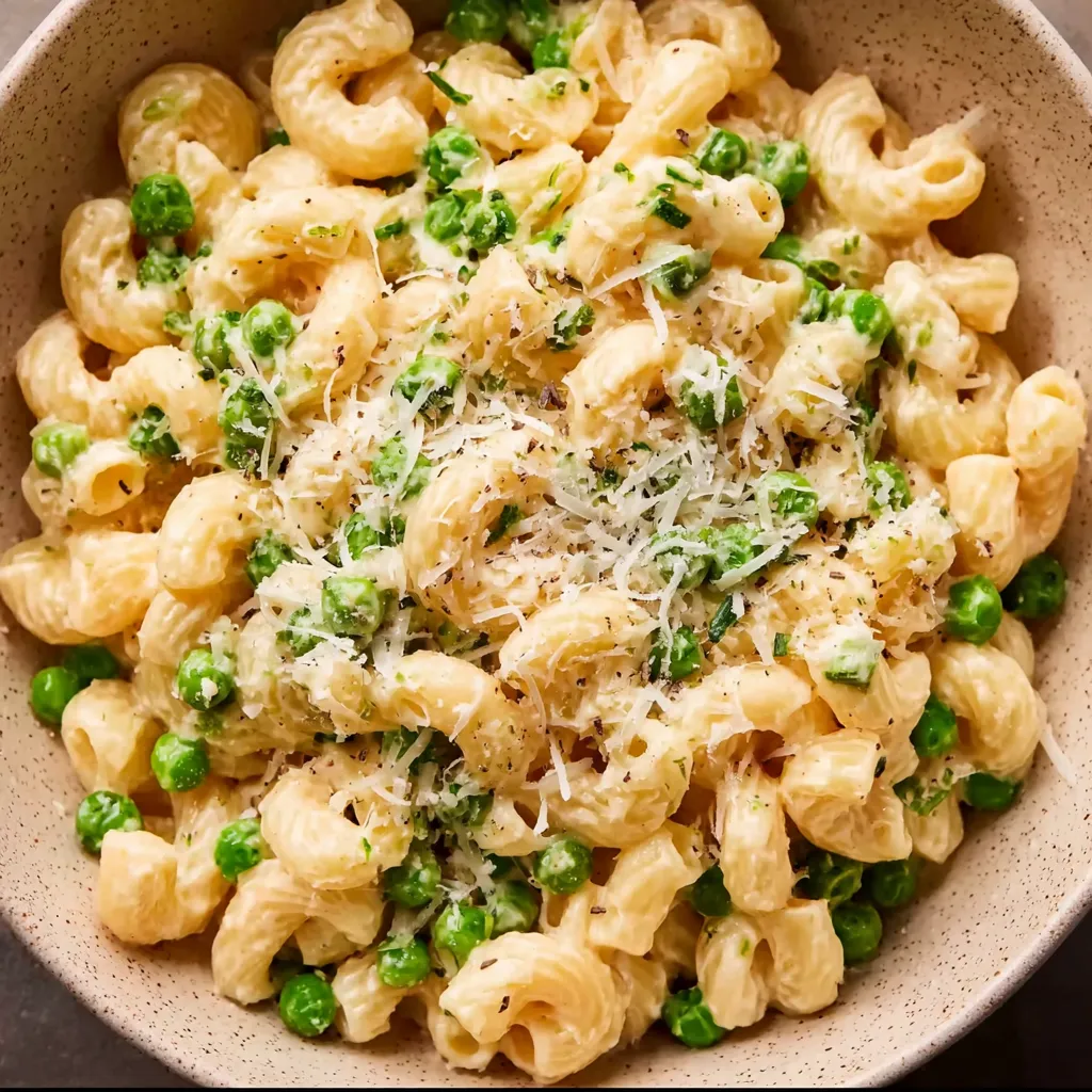 A bowl of creamy cavatappi pasta with peas.