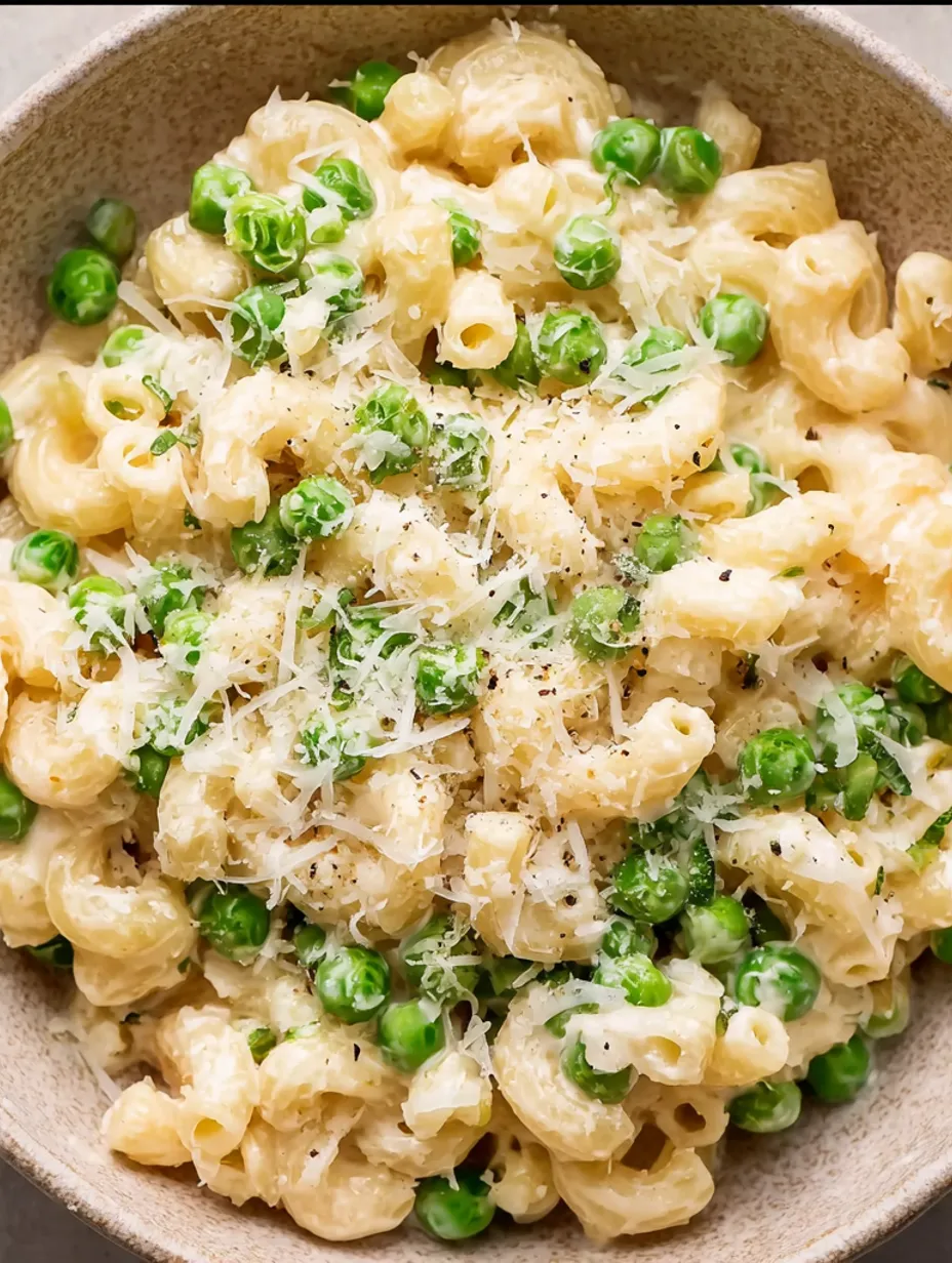A bowl of creamy cavatappi with peas.