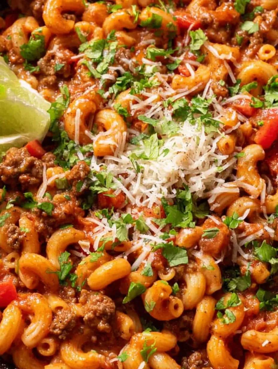 A close up of a delicious one-pot taco pasta.