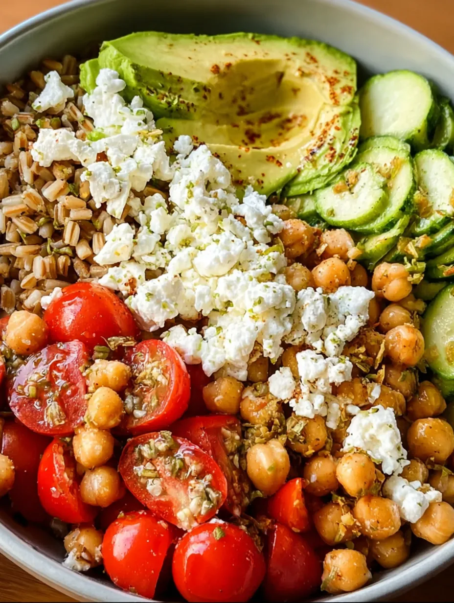 A bowl of food with chickpeas, tomatoes, feta cheese, and avocado.