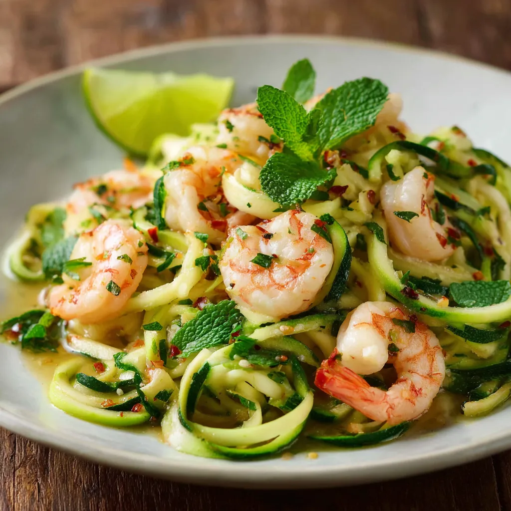 A plate of ginger-soy zucchini noodles with shrimp.