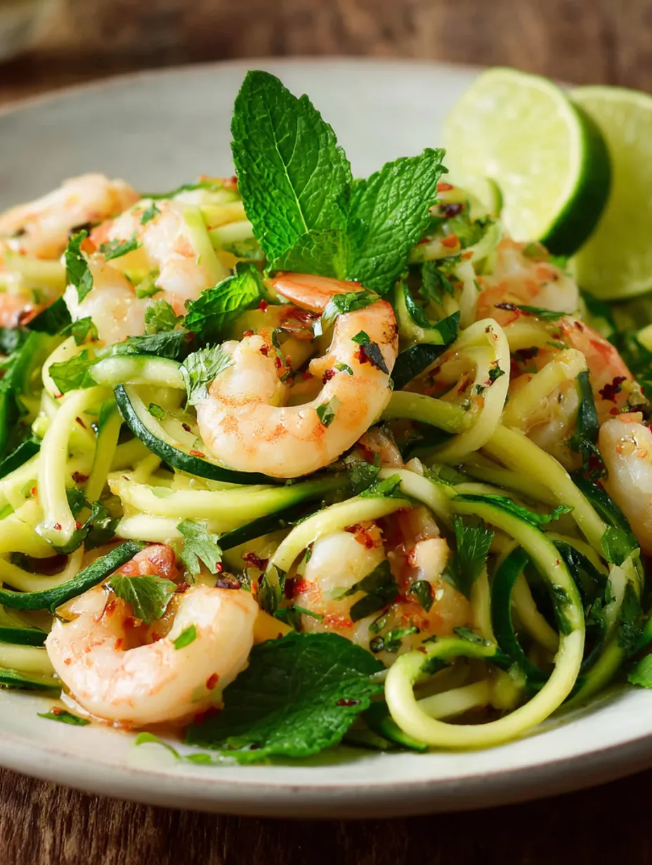 A plate of ginger-soy zucchini noodles with shrimp.